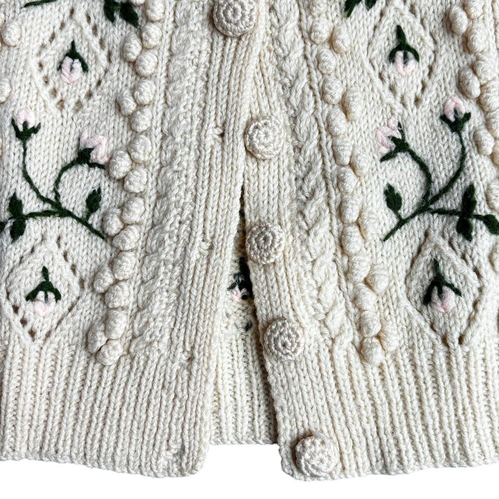 Vintage Hand Knitted Pure Wool Cardigan Sweater Cable Knit & Embroidery Ladies S - Picture 5 of 10